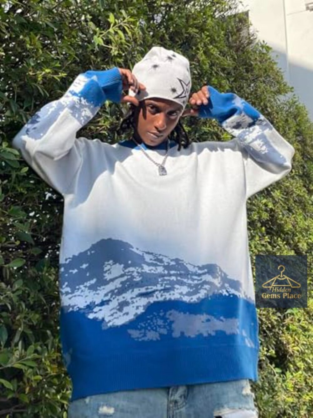 Oversized Graphic Cable Knit Sweater Unisex Crewneck Pullover - Picture 4 of 7
